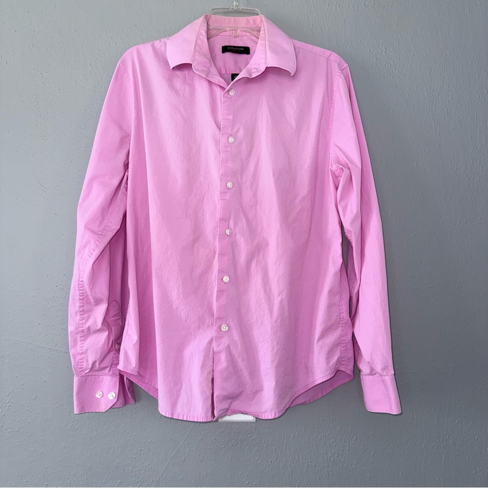 Structure Mens M Pink Stripe Slim Fit Button Shirt Dress Office 100% Cotton